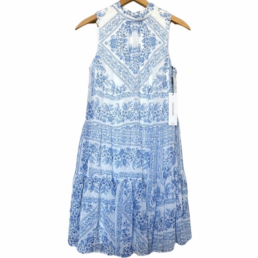 Calvin Klein mock neck tie-Blue and White Sleeveless Dress - Picture 3 of 7